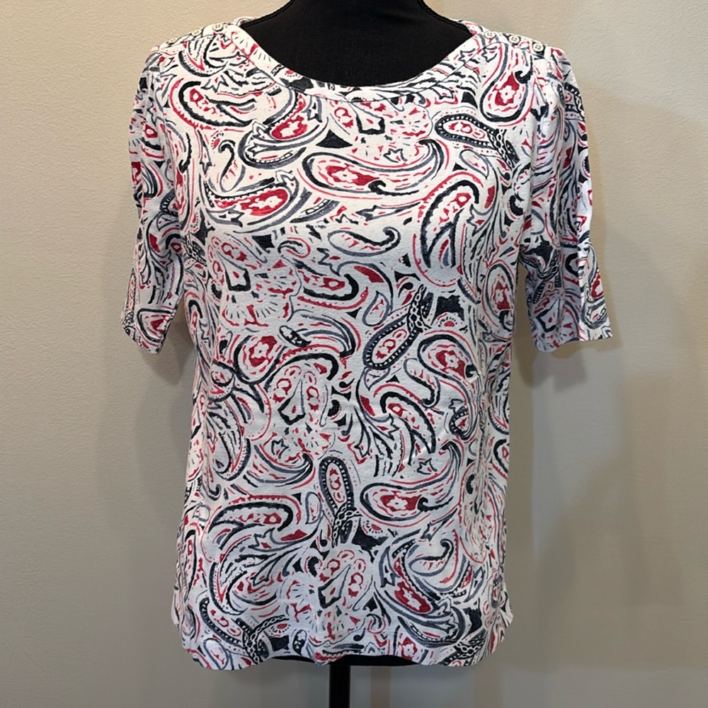 Croft & Borrow Women Size M Short Sleeve T Shirt Patriotic Red White Blue Button
